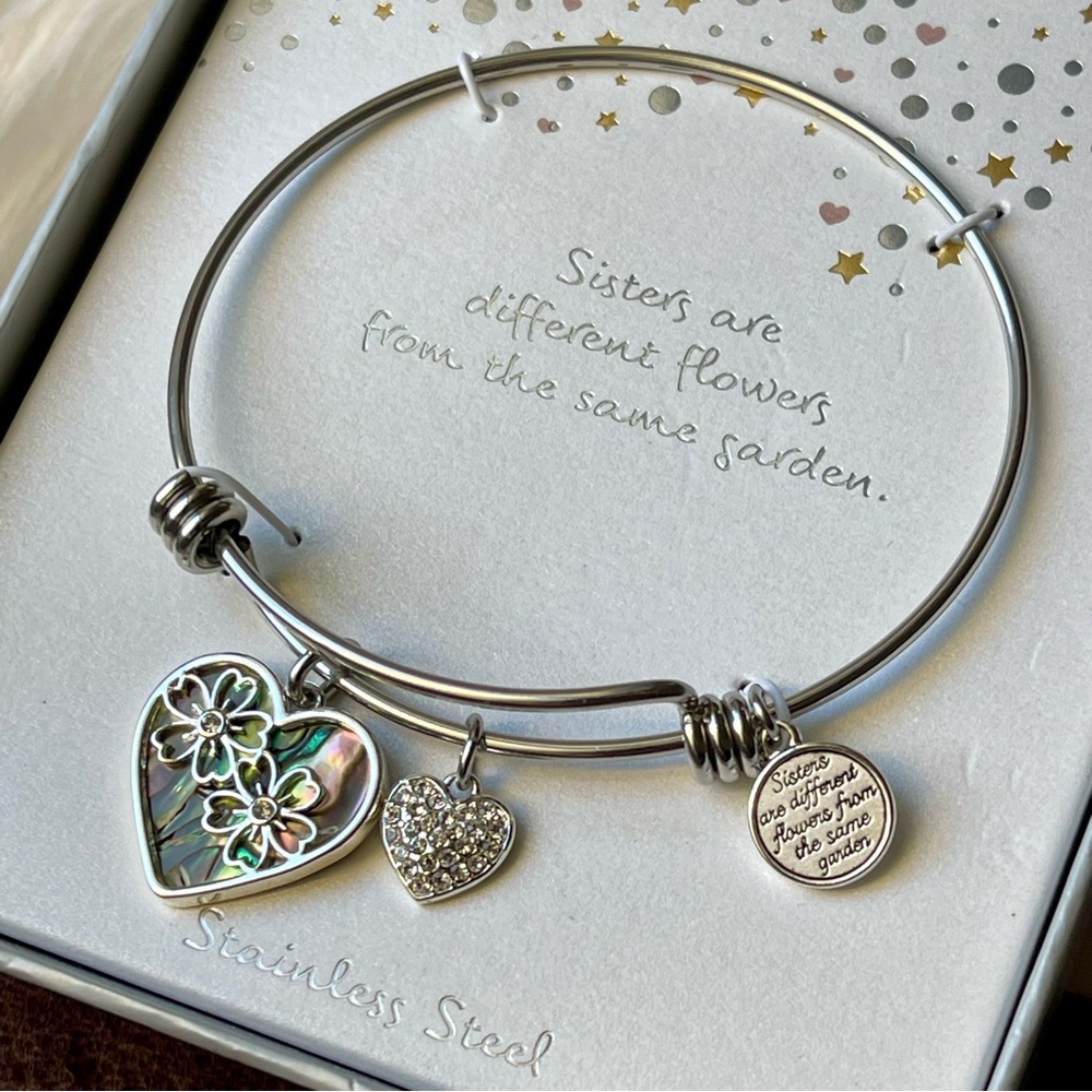 Silver Charm Bangle Bracelet with Heart and Text Charms NIB